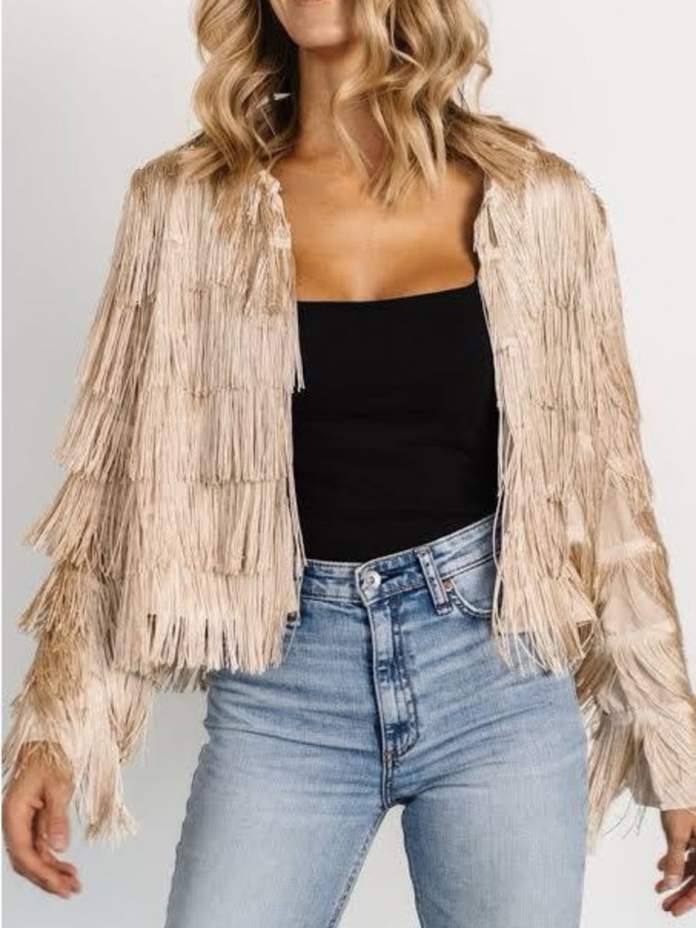 Baltic Born Sheridan champagne cropped fringe jacket Size XL